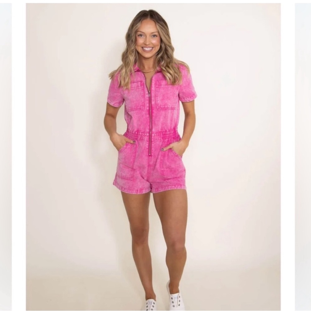 Elan Pink Washed Denim Front Zip Short Romper Overalls Onepiece Womens M
